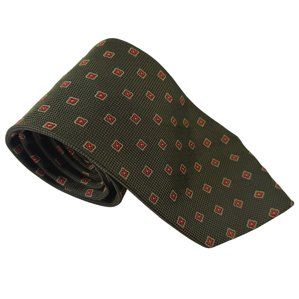 Brooks Brothers 346 Mens Silk Tie Olive Green Red Geometric Foulard Made in USA